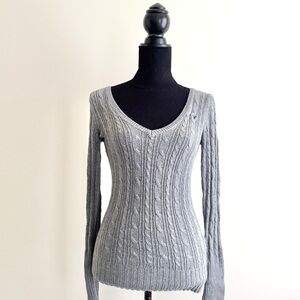 American Eagle Vintage Cable Knit V-Neck Sweater Grey (2000s) Y2K cotton wool